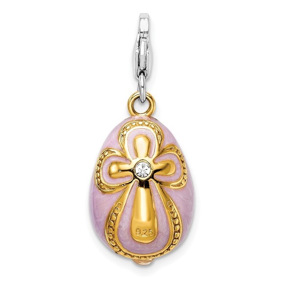 925 Silver Gold-plated 3D Crystals Enameled Pink Egg Cross Bracelet Charm Clasp - Picture 3 of 4